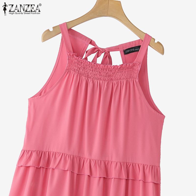 ZANZEA Womens Summer Round Neck Off Shoulder Sleeveless Long Dress