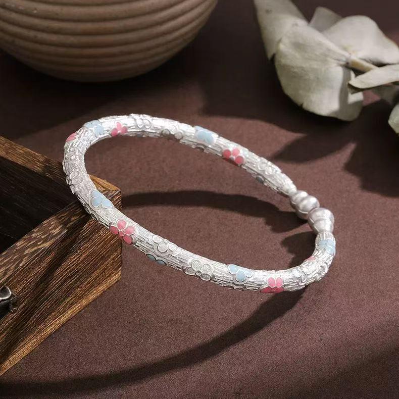 Ethnic Style Openable Sterling Silver 999.9 Cherry Blossom Gourd Bracelet for Women