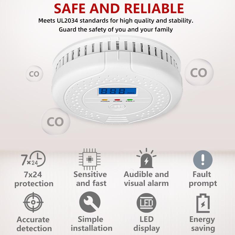 CO Detector Carbon Monoxide Alarm Battery Operated with Digital Display, Smoke Coal Gas Leakage Sensor for Home Safety