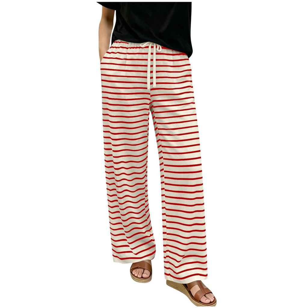 Women’s Relaxed Fit Striped Print Wide Leg Drawstring Pants Casual Lounge Elastic Waist Trousers with Pockets for Everyday Wear