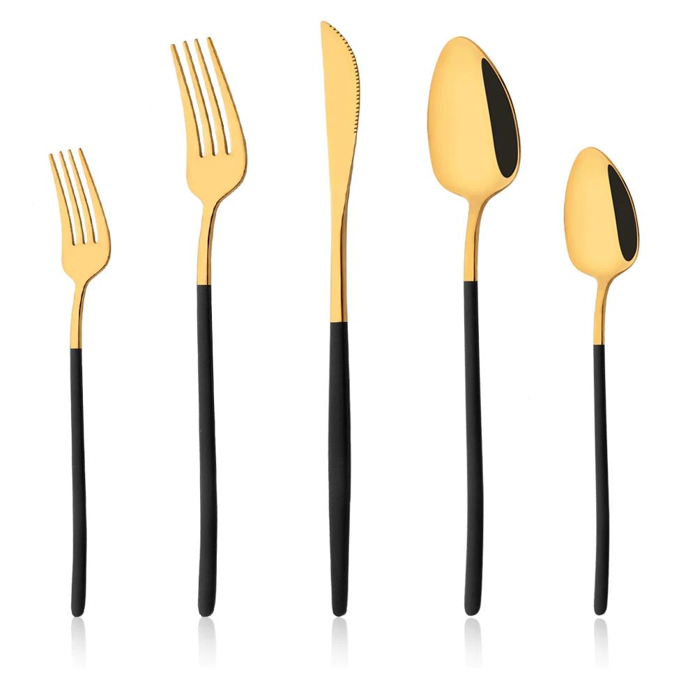 5Pcs White Gold Cutlery Set Stainless Steel Tableware Knife Dessert Fork Spoon Dinnerware Set Kitchen Flatware Silverware