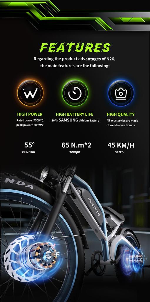 DUOTTS N26 elektrikli bisiklet, çift motorlu, 48V 20Ah batarya, 26 x 4 inç geniş lastikler, hidrolik disk frenler, tam süspansiyon, maksimum menzil 60-120 km.