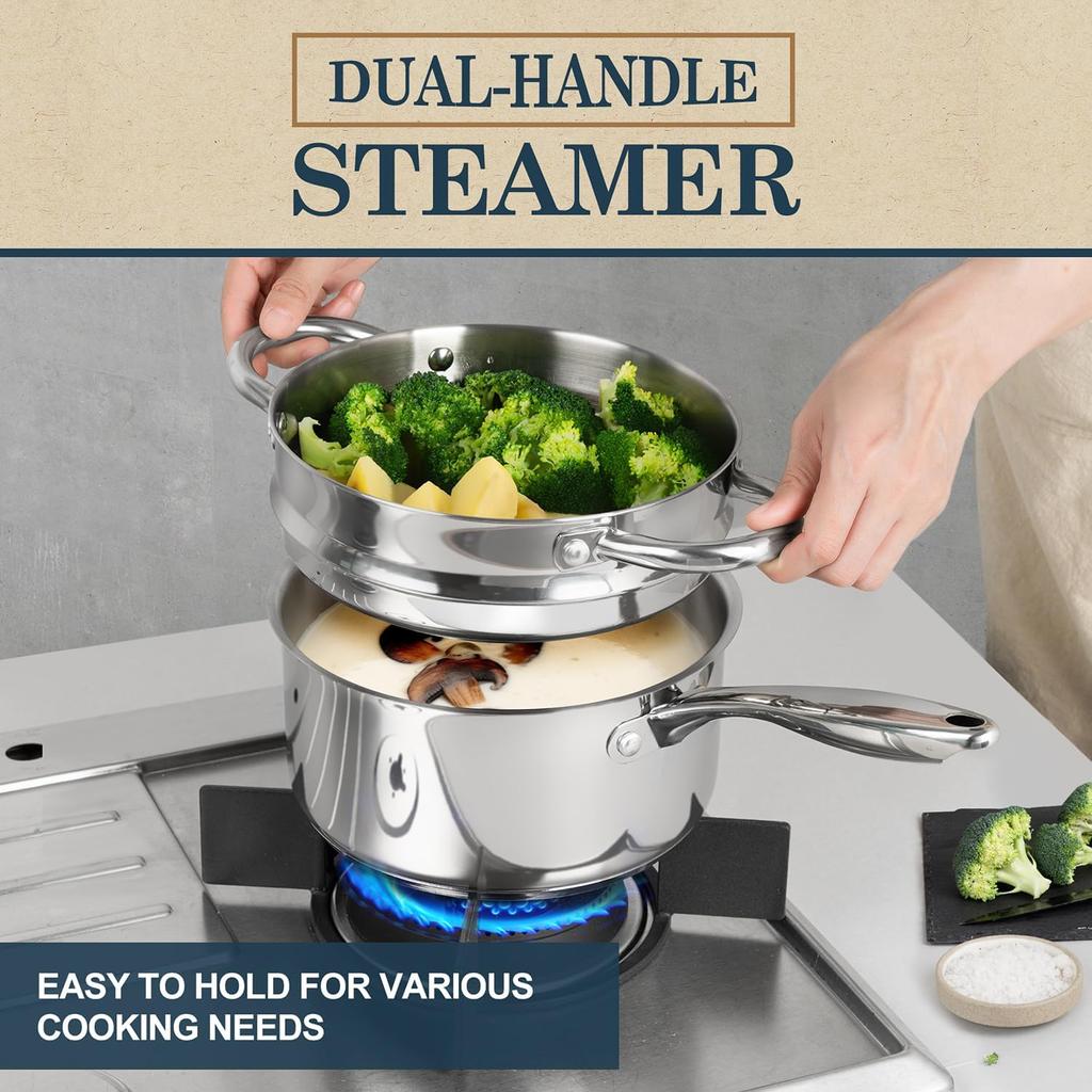 MICHELANGELO 304 Stainless Steel Pot/cooking Pan with Steamer Set, Suitable for All Stoves and Ovens, Dishwasher Safe
