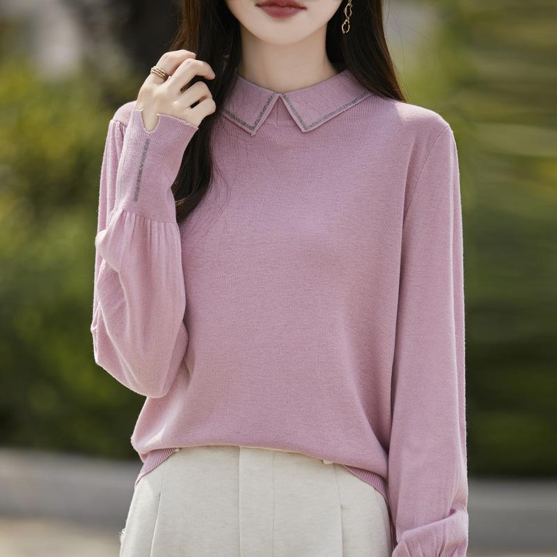 

Осенне-зимний женский вязаный свитер, пуловер, свитер с лацканами, воротник рубашки, длинный рукав, свитер XL розовый