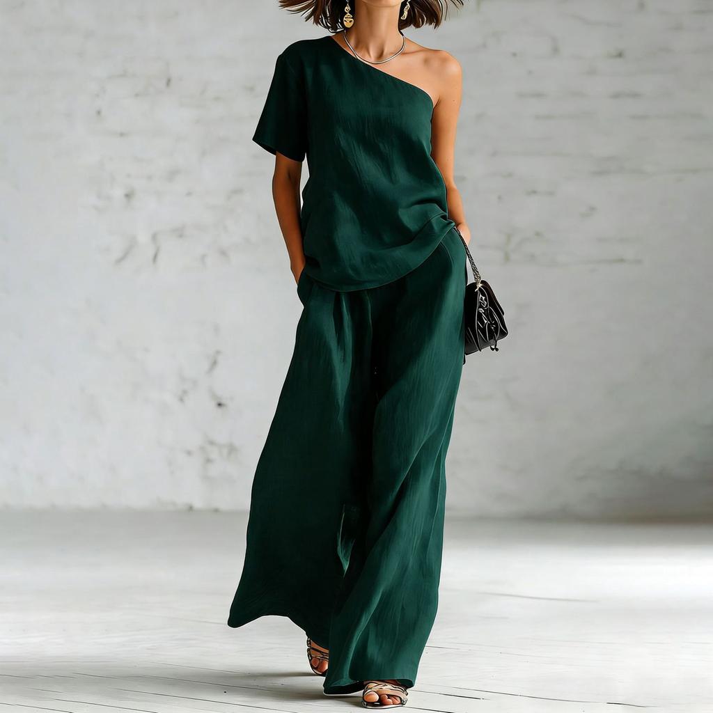 Damen 2-teiliges Outfit, einärmeliges Oberteil mit kurzer Ärmellänge und hochtaillierte Hose mit weitem Bein, lässiges Boho-Leinenmischgewebe, Sommer-Loungewear