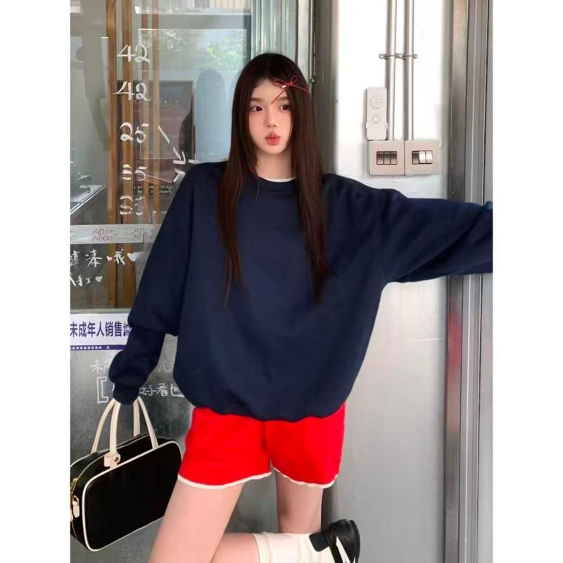 Sweatshirt à col rond surdimensionné couleur unie pour femme Coupe ample Hiver Décontracté Haut Mélange de coton