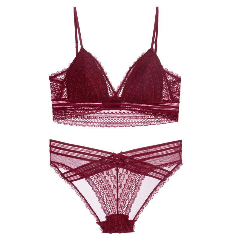 Sexy Spitzen-Bügelloses BH-Set mit tiefem Rücken, dünnen Baumwoll-Push-Up-Polstern und Schmetterlingsknoten-Design