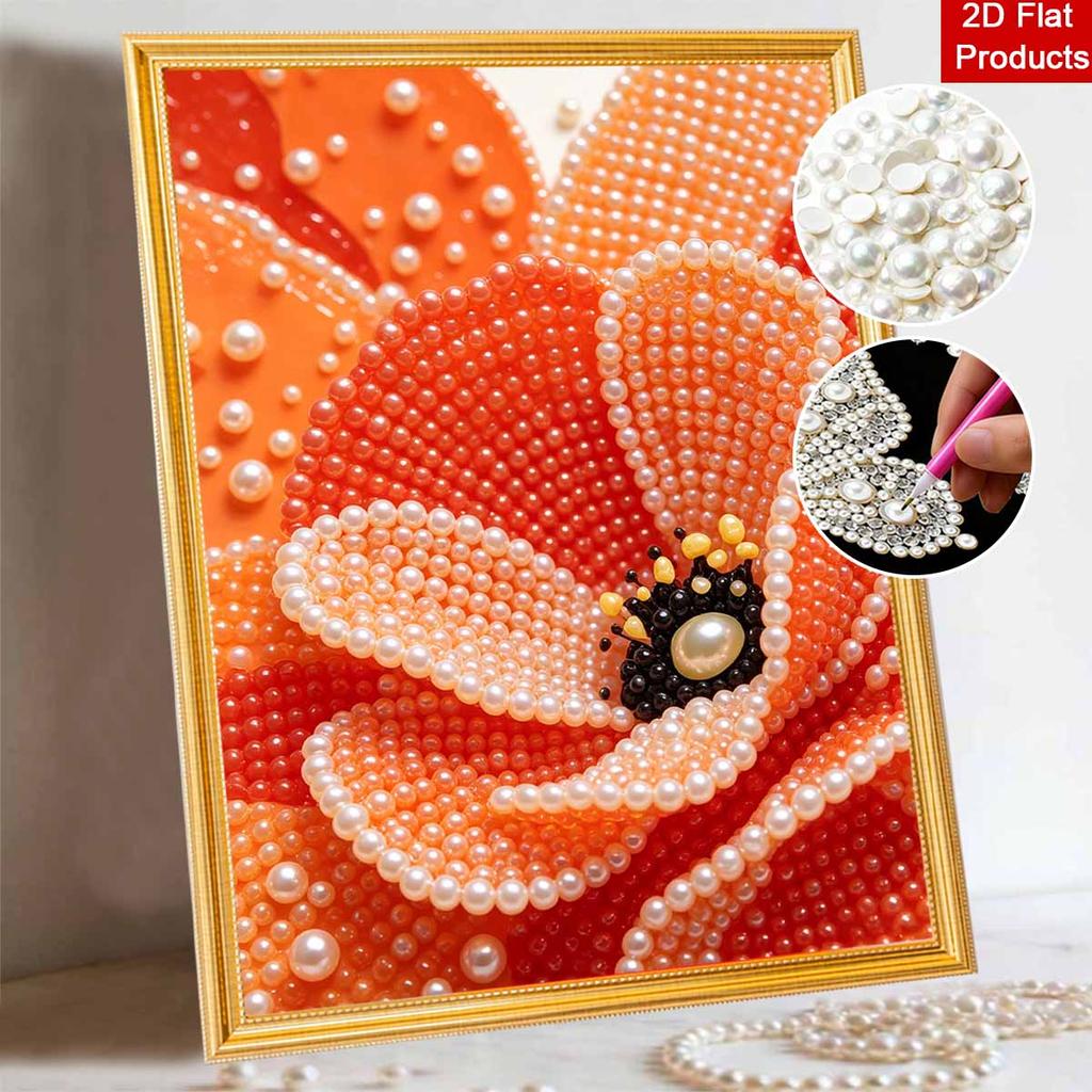 Elegant Framed Pearl Art DIY Set with Vibrant Orange Poppy Flower 5D Sparkling Bead Canvas Painting Ready to Display Romantic Home Decor Gift
