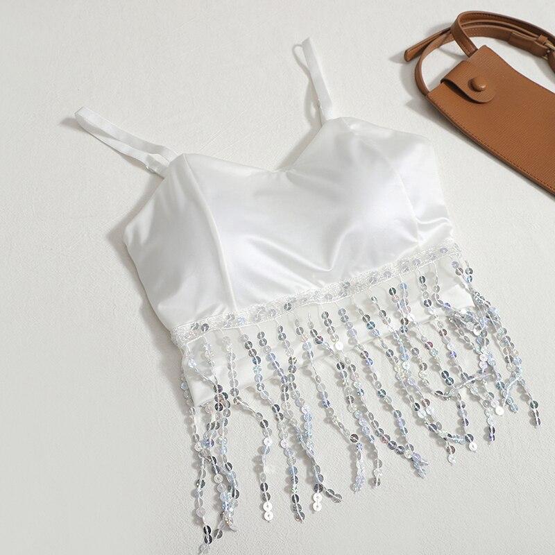 

ITOOLIN пикантные женские майки с кисточками и подкладкой для бюстгальтера трикотажные короткие майки Y2K с открытой спиной для женщин One Size чёрный