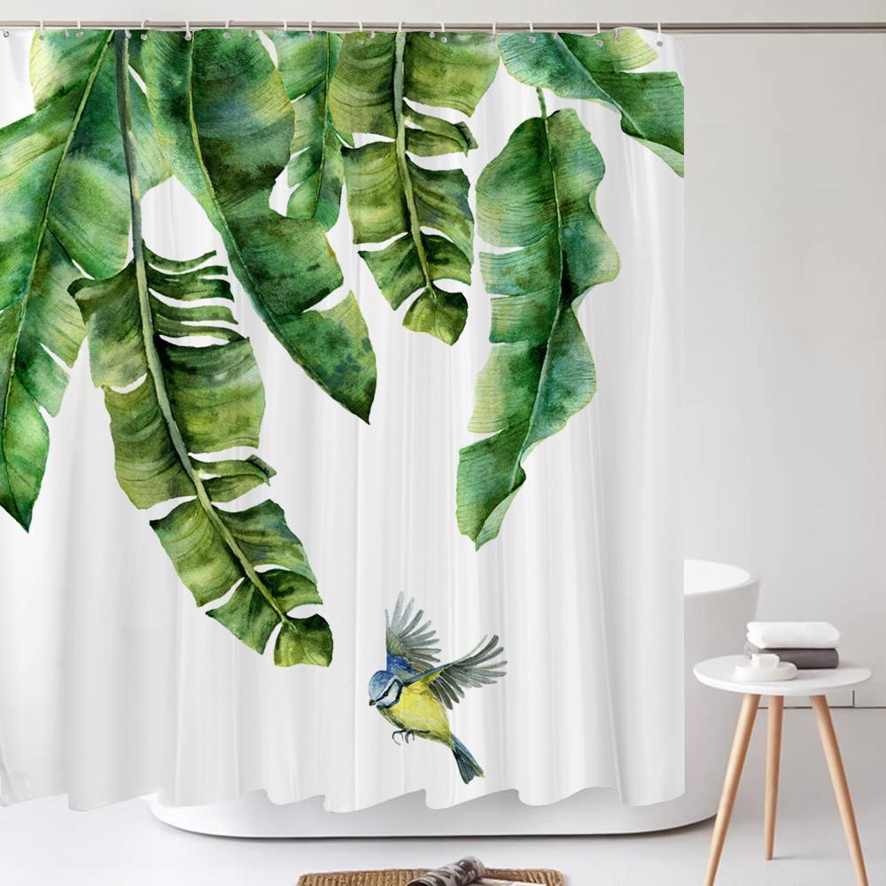 Waterproof Fabric Shower Curtain Printing Fresh Green Plant Leaves Bathroom Curtains Polyester Decoration Bath Screen with Hooks