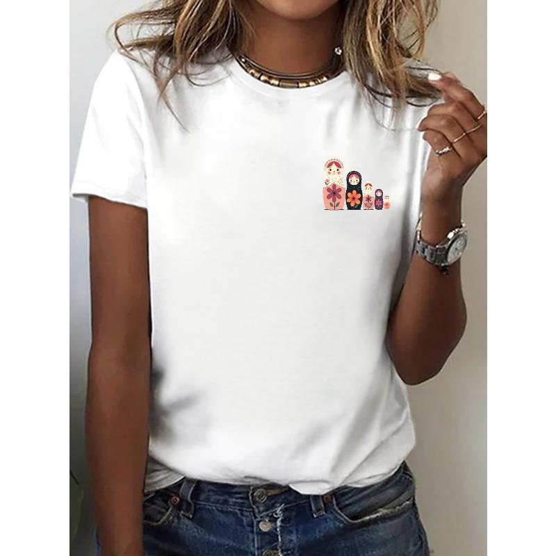 

Европейские размеры Русские Матрешки Ряд принт футболка, с коротким рукавом, круглый вырез, повседневный топ для лета и весны, Женская одежда S белый