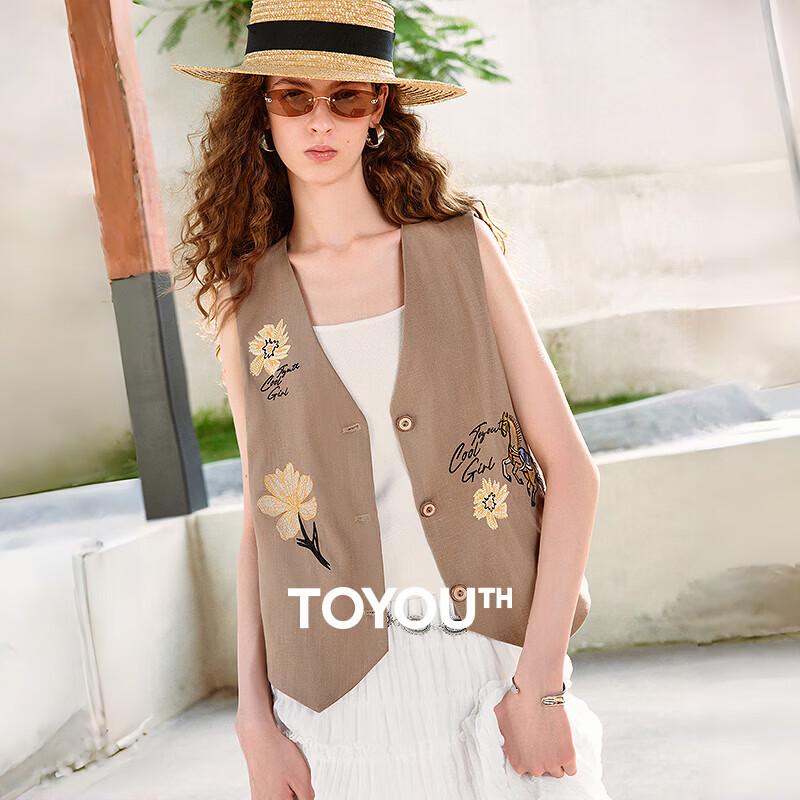 CHUYU Floral Embroidery Linen-Blend V-Neck Vest