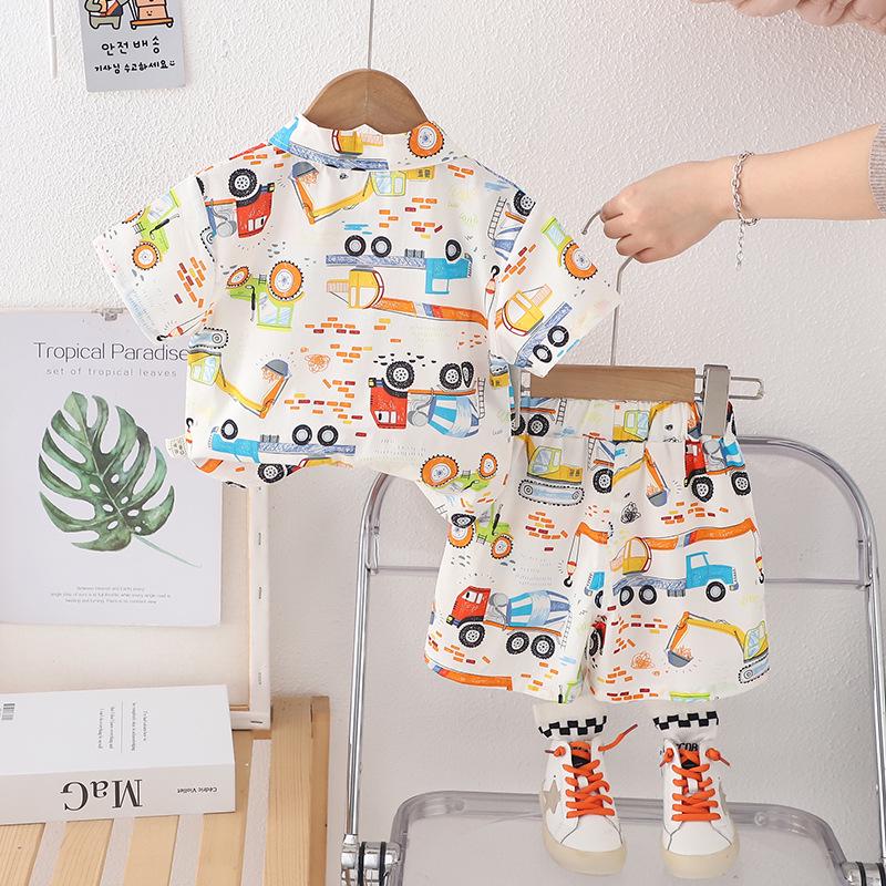Boys' Cartoon Excavator Summer Shirt & Shorts Set - Trendy 2026 Thin Short Sleeve Outfit for Baby Boys
