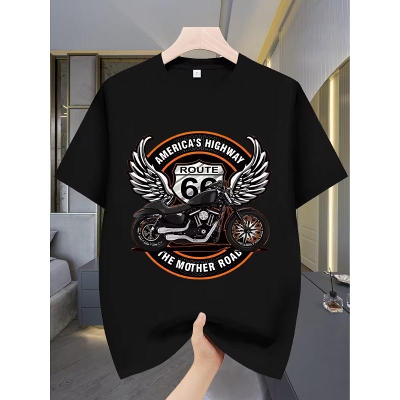 Europäische Größen Herren Freizeit Kurzarm T-Shirt | Sommer Atmungsaktives Rundhals T-Shirt mit Geometrischem Motorradmuster