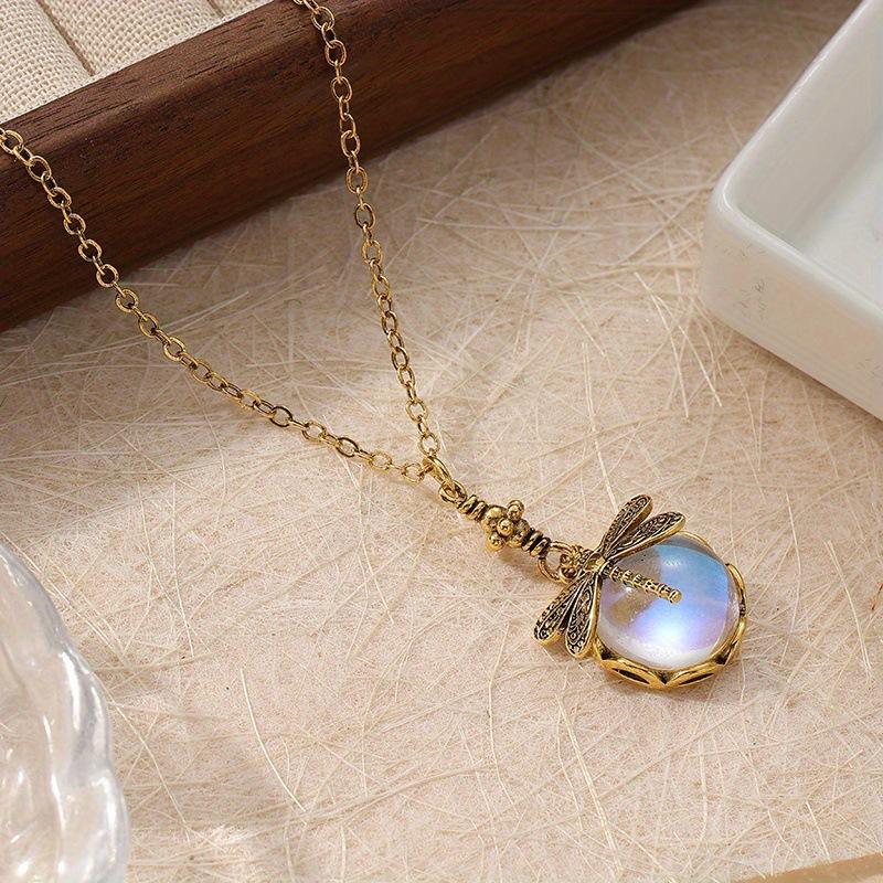 1Pcs Carving Blue Stone Accessories Vintage Bronze Color Dragonfly Women Necklaces And Pendants