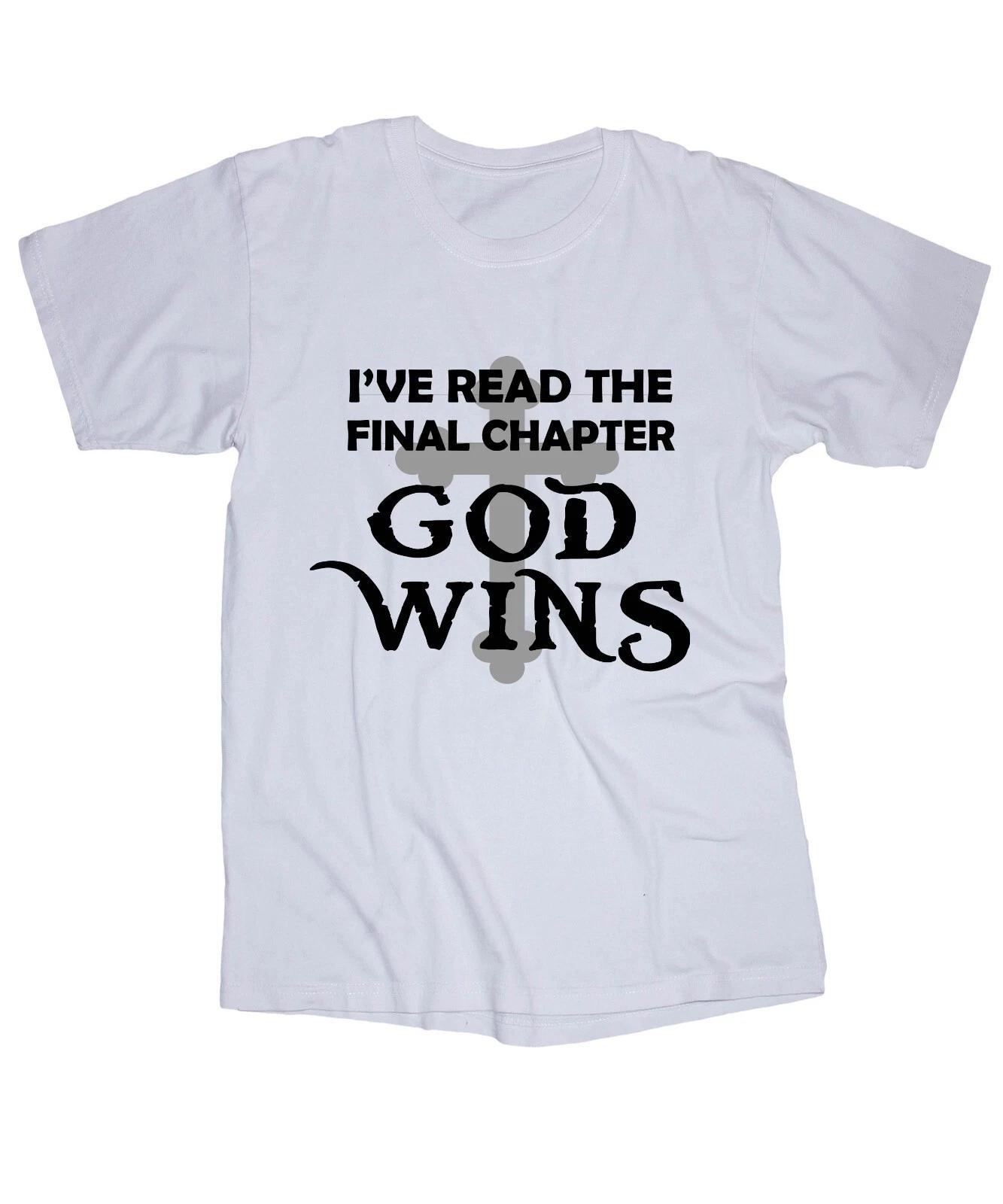 

GOD WINS white T-shirt Jesus Religious Christian Bible Church sayings shirt L