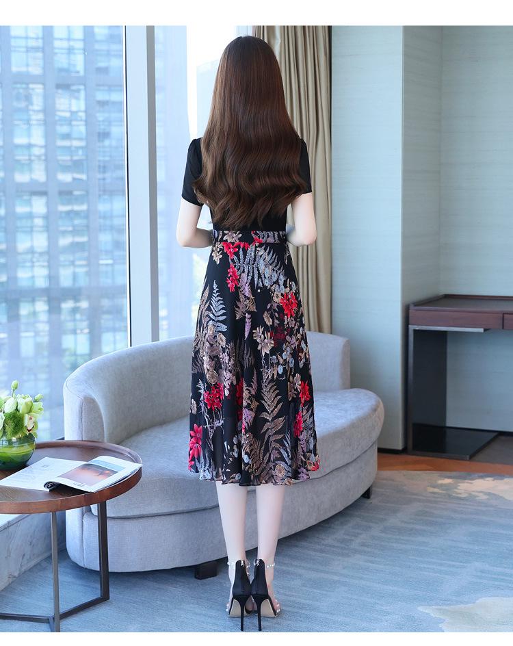 Women's Elegant Waist-Cinching Summer Chiffon Dress - Short-Sleeve, Two-Piece Look with Printed Design