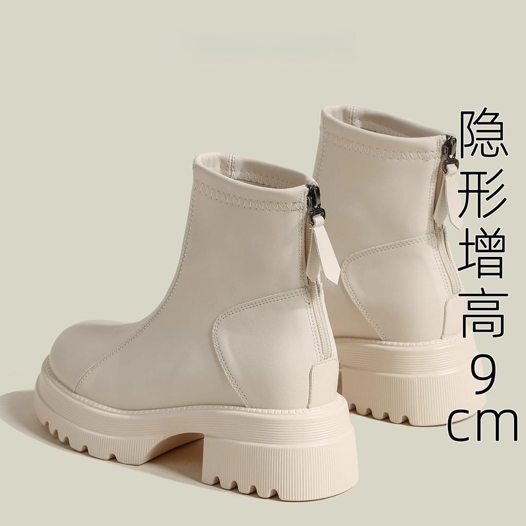 Leather White British Martin Boots Women's 2025 New Small Inner Height Increase Thin Boots Thick-soled Explosive Short Boots