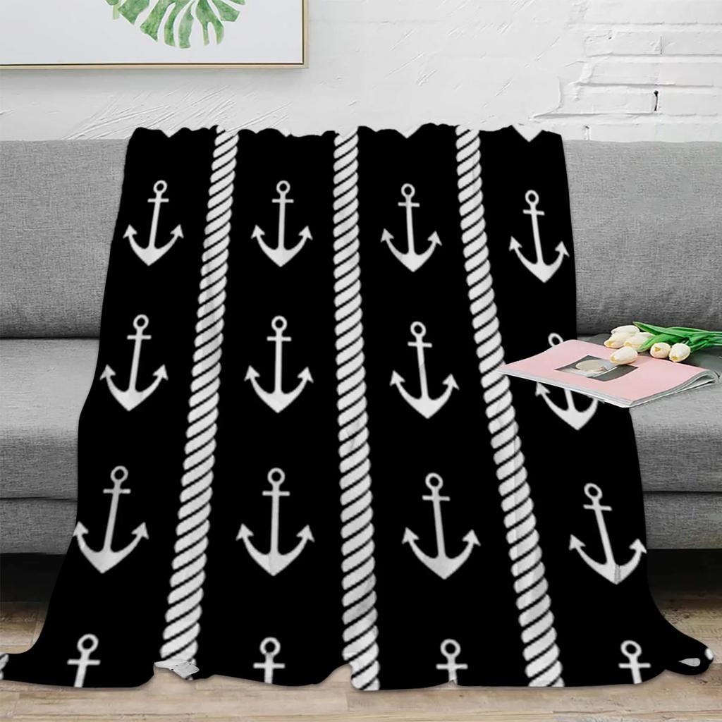 Nautical Blue Anchor Rudder Boat Fish Lighthouse Flannel Blanket Travel Picnic Blanket Portable Soft Bedspread Blankets for Beds