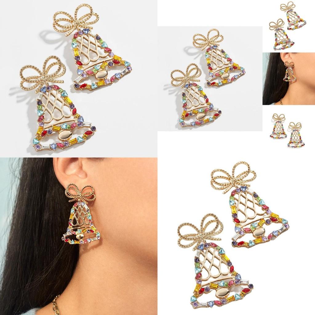 Boucles d'oreilles pendantes élégantes en alliage géométrique avec cloche en cristal tendance chic pour femmes
