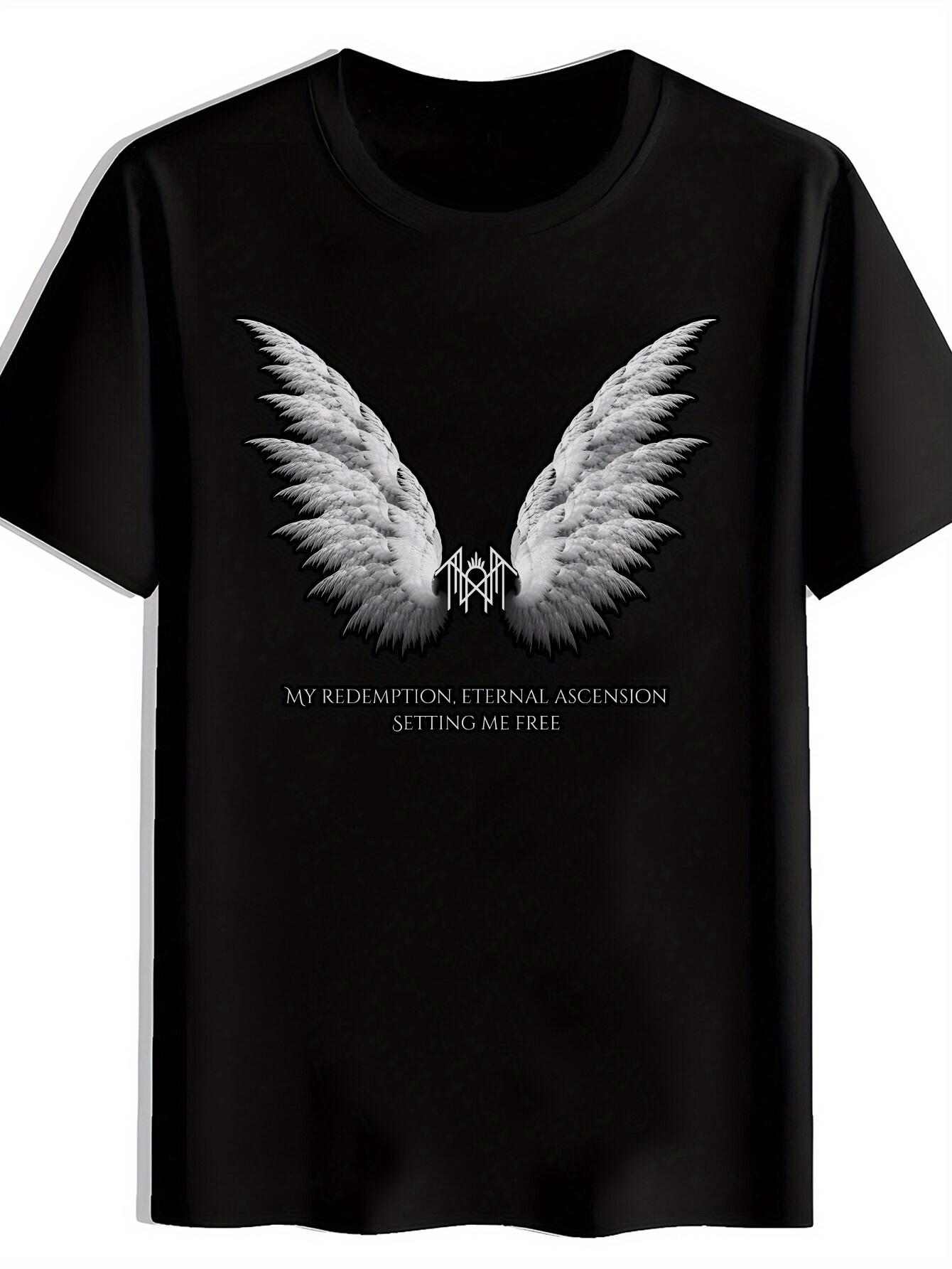 Black T-shirt with Angel Wings & Music Notes Design - My Redemption S