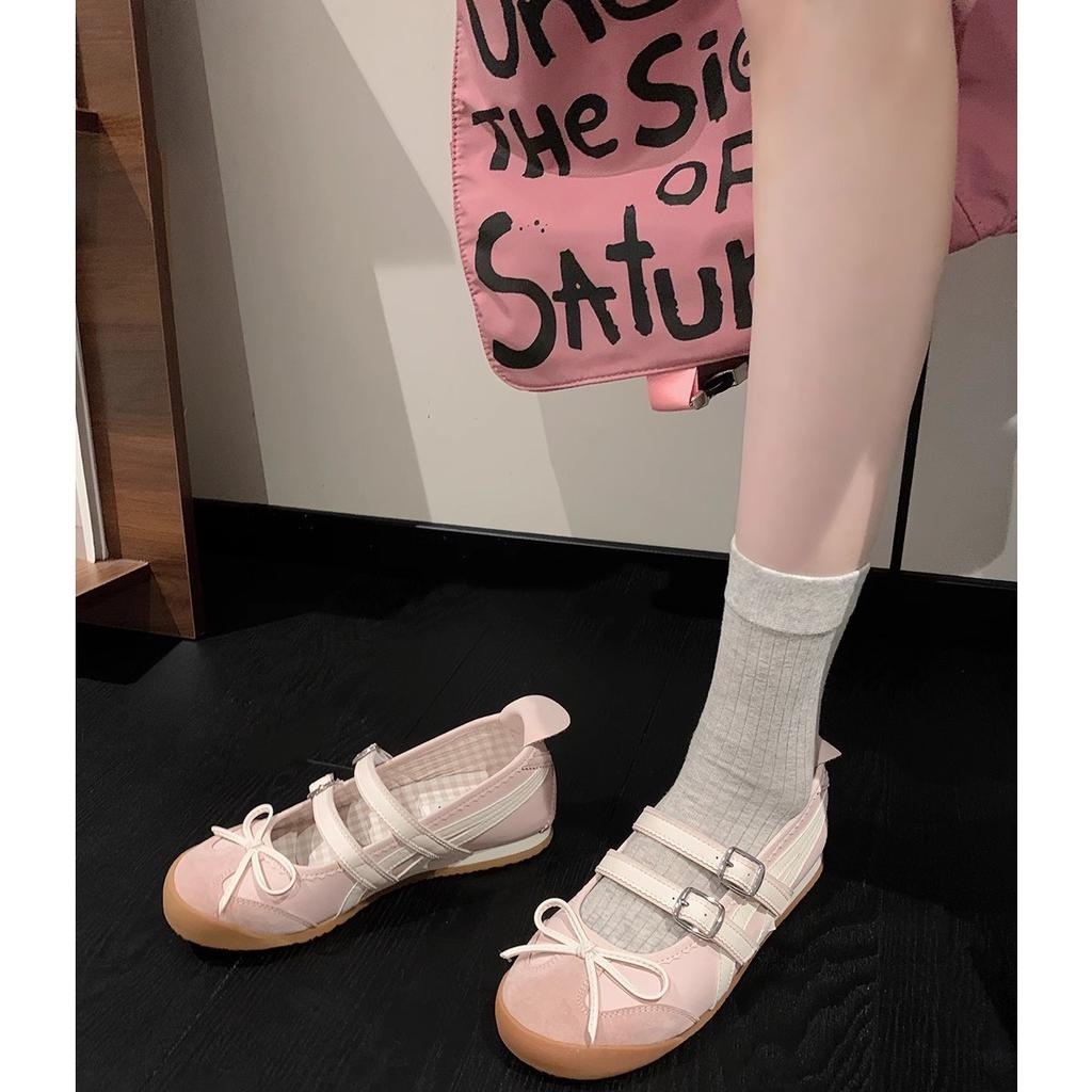 Bow ballet flats women's summer 2025 new sweet shallow mouth round head double one-word buckle belt women's shoes