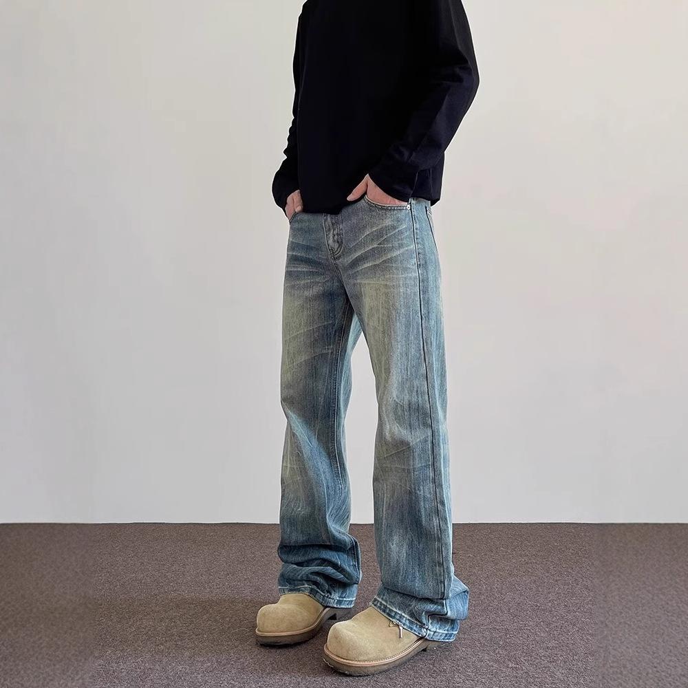 JYL Men's Slub Jeans Cleanfit Whisker Washed Straight Flare Vibe Denim Pants