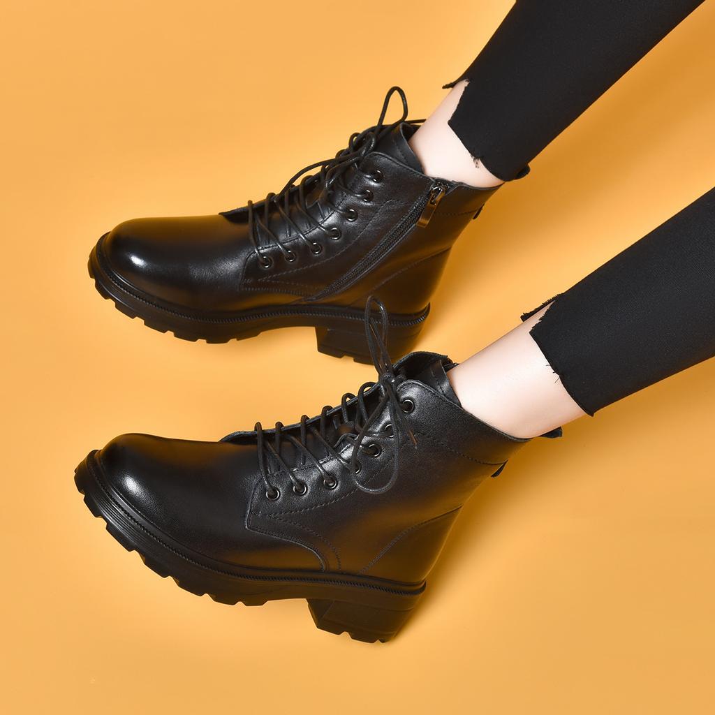 Round head Martin boots women's lace-up short boots basic first-layer cowhide women's cotton boots leather boots