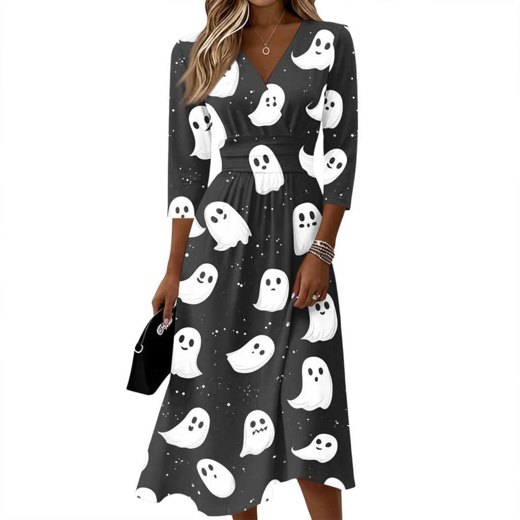 Womens Casual V Neck Midi Dress 3/4 Sleeve Back Zipper Wrap Style Fit and Flare Dress with Ghost Print