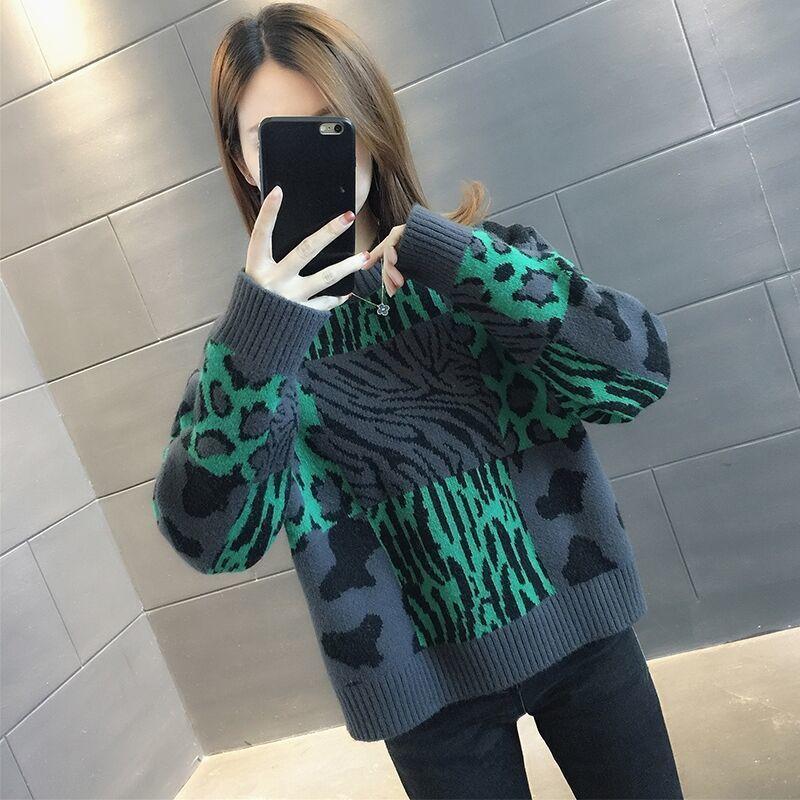 

Women Short Leopard Print Sweater 2025 New Autumn Winter Loose Thick Knitted Pullover Top Casual Outwear One Size серый