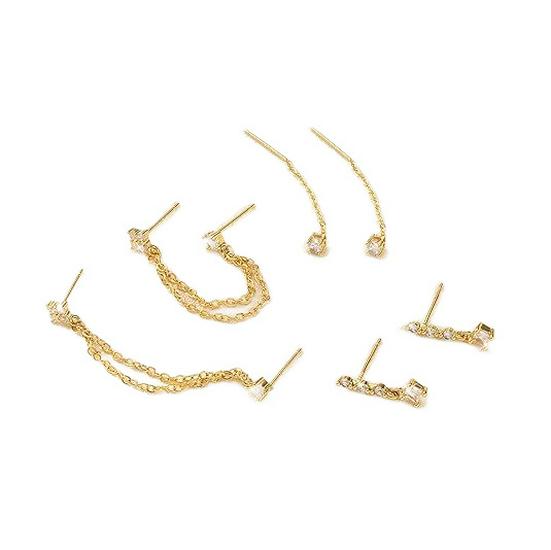 18 Karat Gold Plated Quadratischer Ohr-Cuff und Kette Zirkon Steckerohrringe Set - Drei Teile