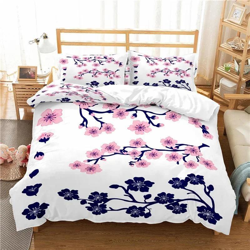 Plum Blossom Red Flower Floral Comfortable Duvet Quilt Cover Pillowcase Bedding Set Children Bedroom Decoration Home Textile
