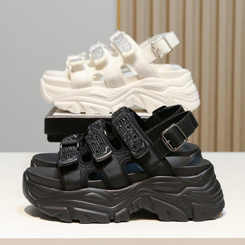 Daddy Sandals Women 2025 Summer Popular Thick-soled Muffin with Diamond Sports Sandals Soft-soled Lightweight Beach Women's Shoes