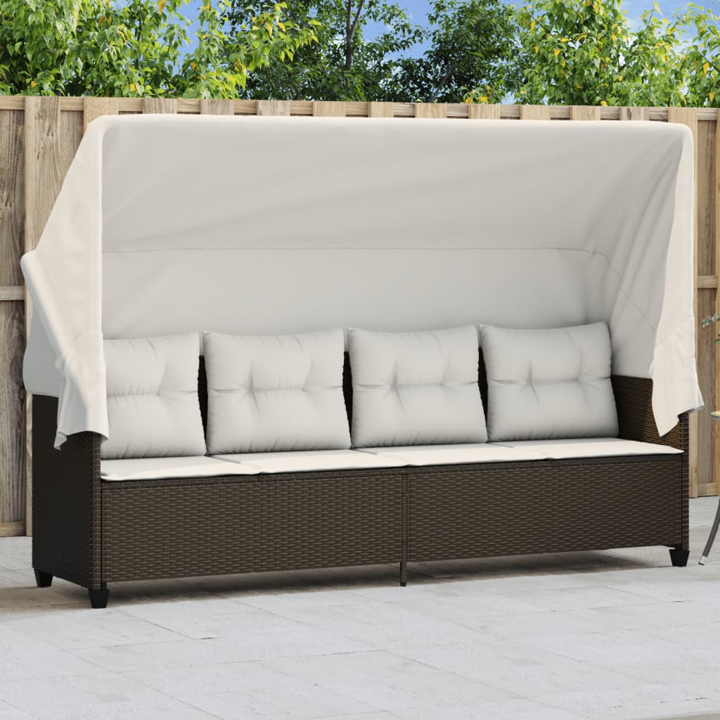 Sun Lounger with Canopy and Cushions Brown PE Rattan