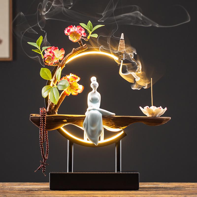 Chinese Style LED Ring Lamp with Backflow Incense Burner for Living Room Decor