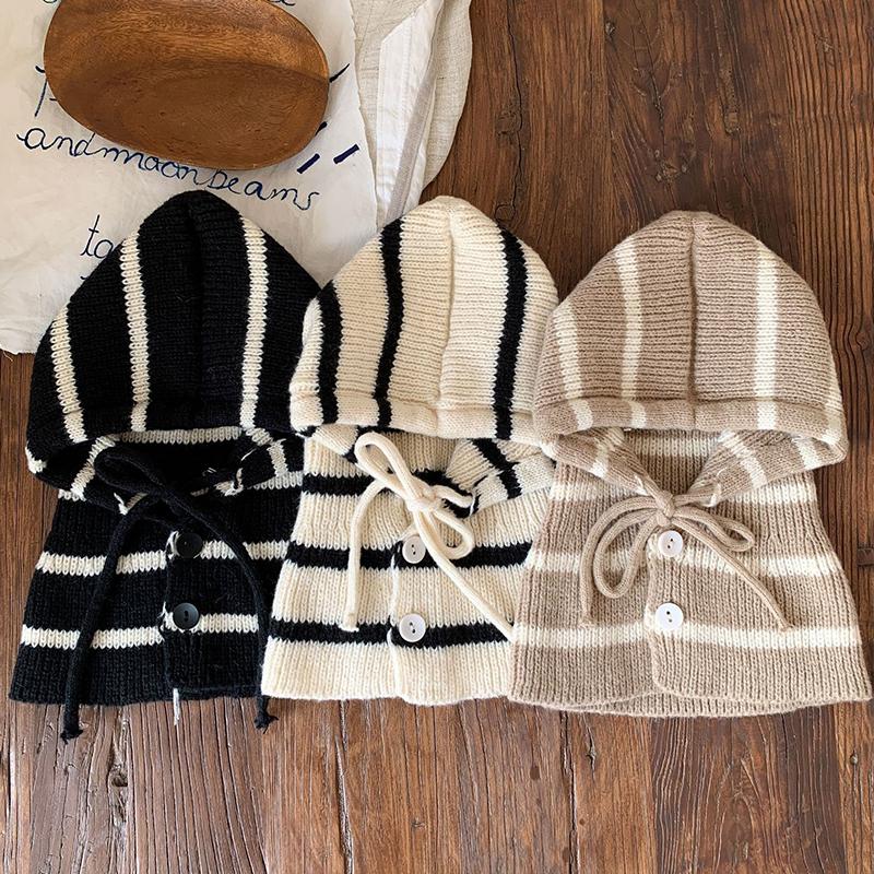 Winter Kids Balaclava Hat Korean Stripe Toddler Hooded Beanies Warm Woolen Children Boy Girl Knitted Caps Scarf