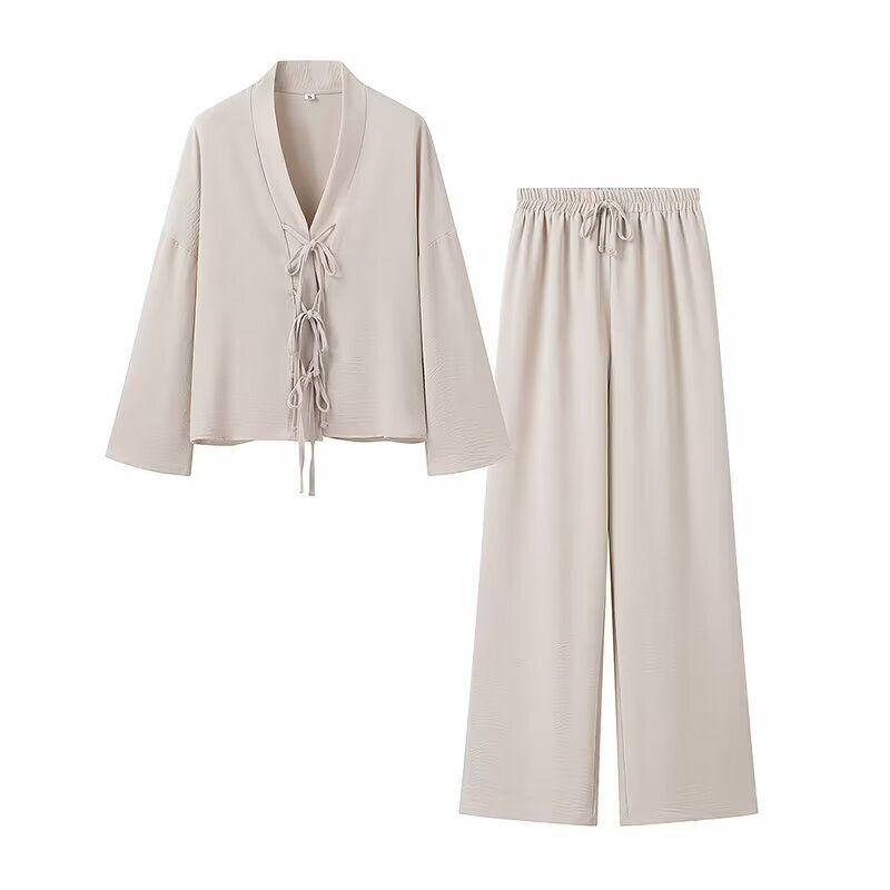 

Fashion Wind 2024 New Fall Women s Clothing Fashion Pure Color Loose Design Chest Lace-up Tops Elastic Waist Pants Apricot color L