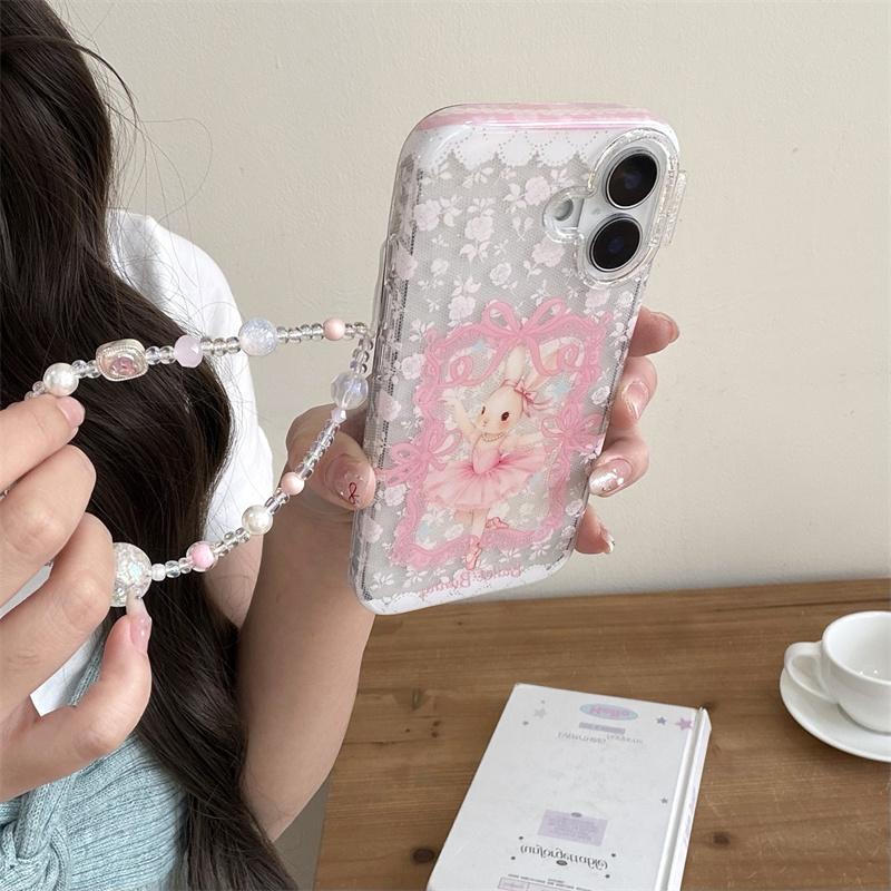 New 2026 INS Pink Ballet Bunny Lace Phone Case For iPhone 17 16 15 14 Pro Max with Rhinestone and Beaded Chain Shockproof Cover