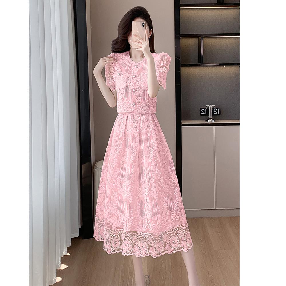 Elegante Damen Sommer Spitzenanzüge Süße einfarbige Blumenstickerei Hemd Tops Zweiteiliges Set Midi-Länge Rock Damen Outfits