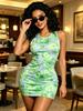 Women's Grey Green Floral Watercolor Print Sleeveless Bodycon Dress, High Waist Tight Fit Party and Clubwear
