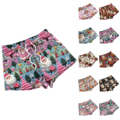 Pantalones Cortos de Pijama Holgados de Moda para Mujer con Estampado Navideño de Forro Polar Pantalones Casuales
