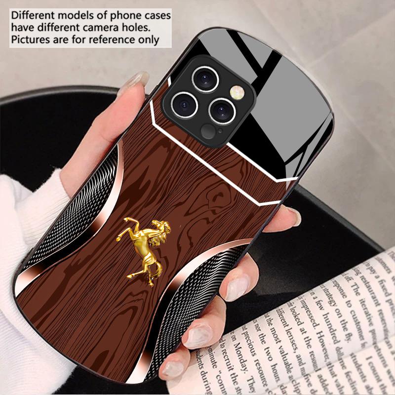 Wood Grain Golden Horse For IPhone 16 Pro Max 16e 15 Pro 14 13 12 Mini 11 XS Max XR 7 8 Plu SE 22 Elliptical Glass Phone Case