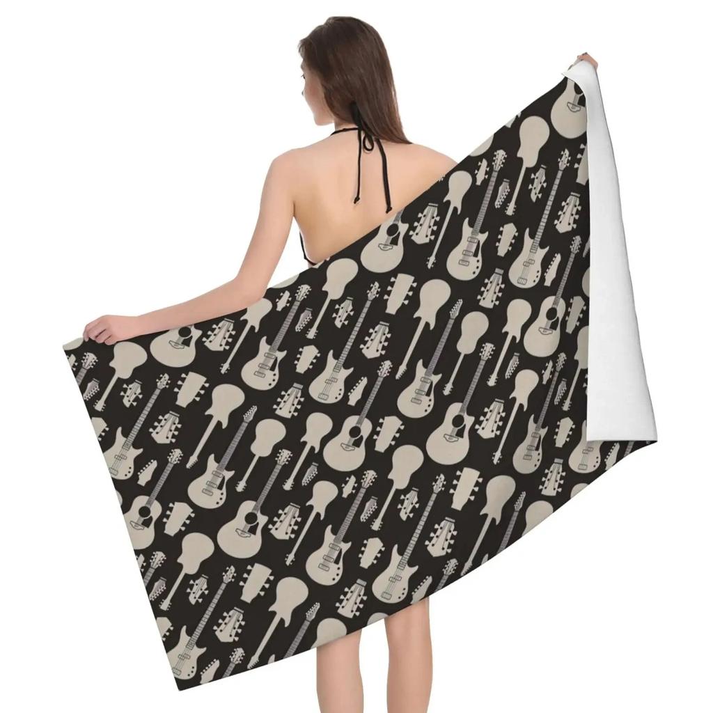 Vintage Guitar Pattern Print Beach Towel Sand Free Quick Dry Absorbent Music Theme Bath Towel For Pool Swimming Bathroom Beach