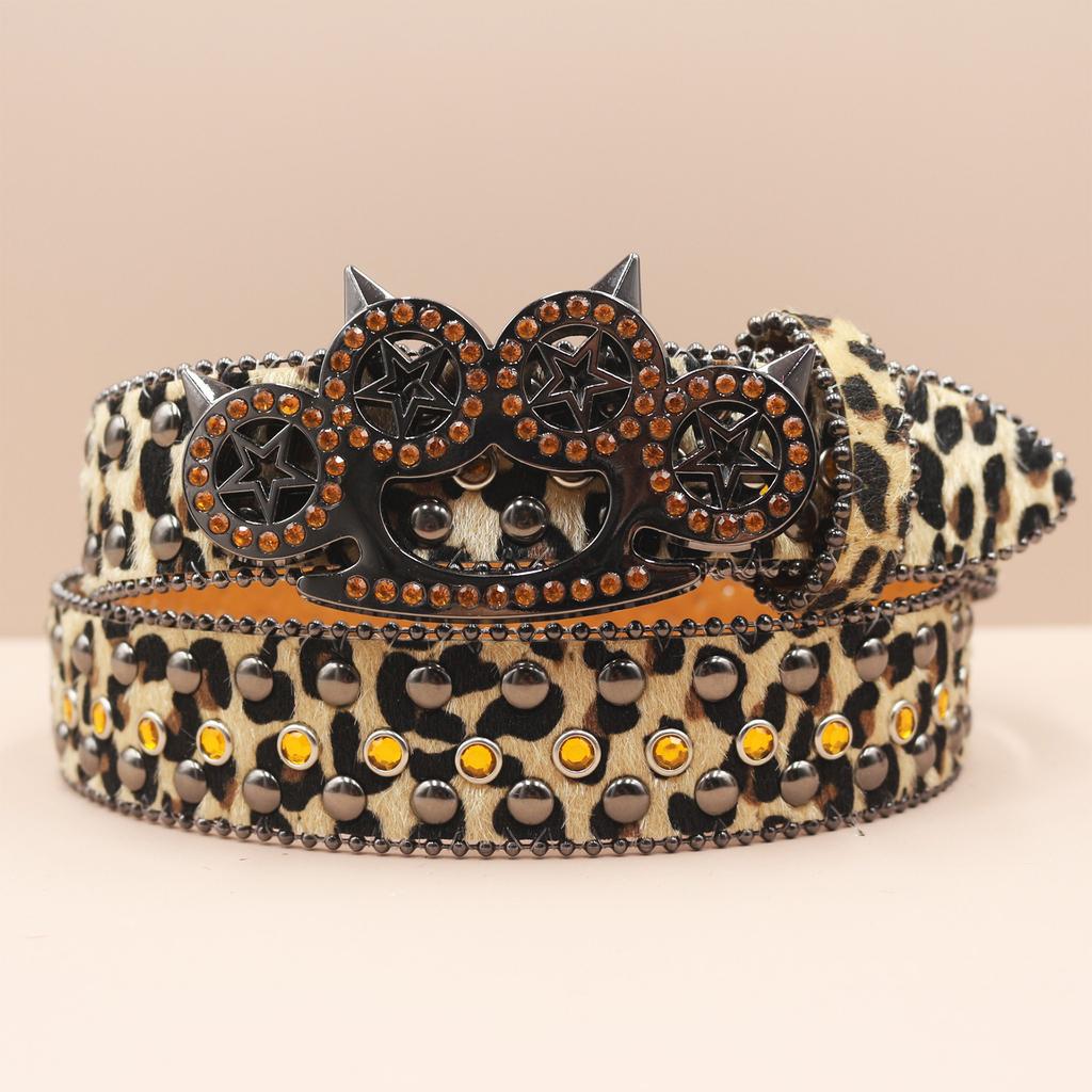 Finger Tiger Buckle Punk New Leopard Print Rhinestone Belt Belt Full Diamond European and American Belt Women's Decorative Rhinestone