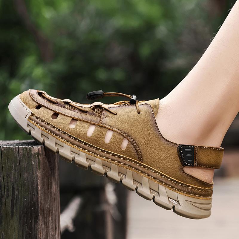 Men Sandals New Elastic Band Leather Hollow Breathable Comfortable Lightweight Summer Outdoor Beach Walking Sandals for Teen