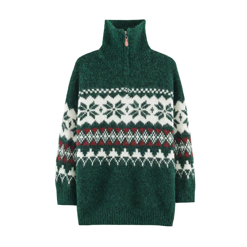 2026 Autumn European & American Christmas Fair Isle Half-Zip High-Neck Knit Sweater
