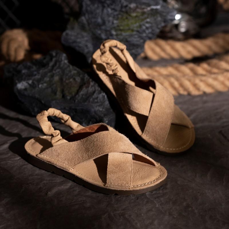 Leather flat-soled sandals women's summer retro handmade cross-strapped first-layer cowhide sandals soft-soled casual women's shoes