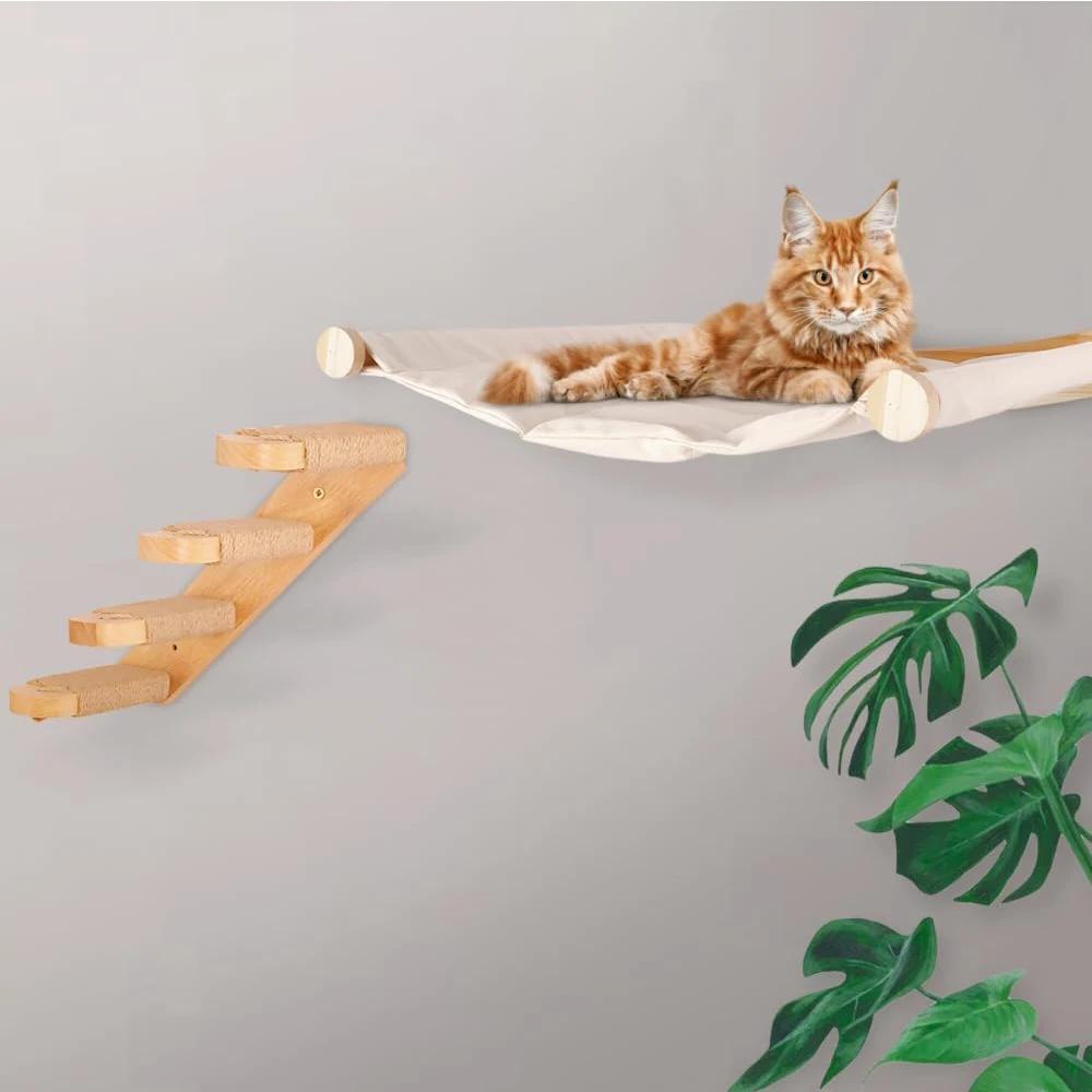 Wall-mounted wear-resistant cat scratching post Space-saving wooden hammock Pet activity and rest set