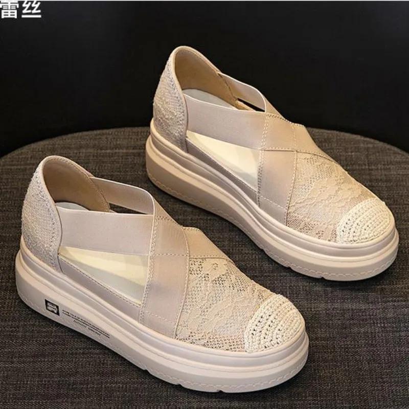 Fashion 7cm Air Mesh Platform Wedge Flats Lace Breathable Comfy High Brand Summer Spring Fashion Chunky Sneaker Autumn Casual Shoes