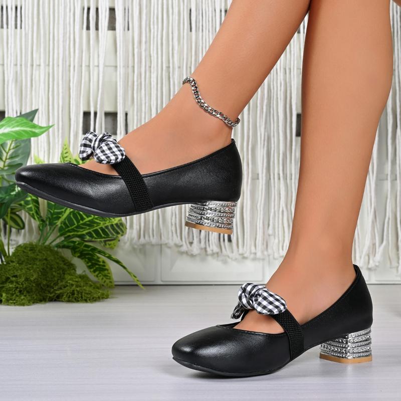 2026 Neue Damen High Heels Elegante Pumps mit mittlerem Absatz Mode Karomuster Schleife Elastischer Riemen Mary Jane Schuhe Leder Damenschuhe